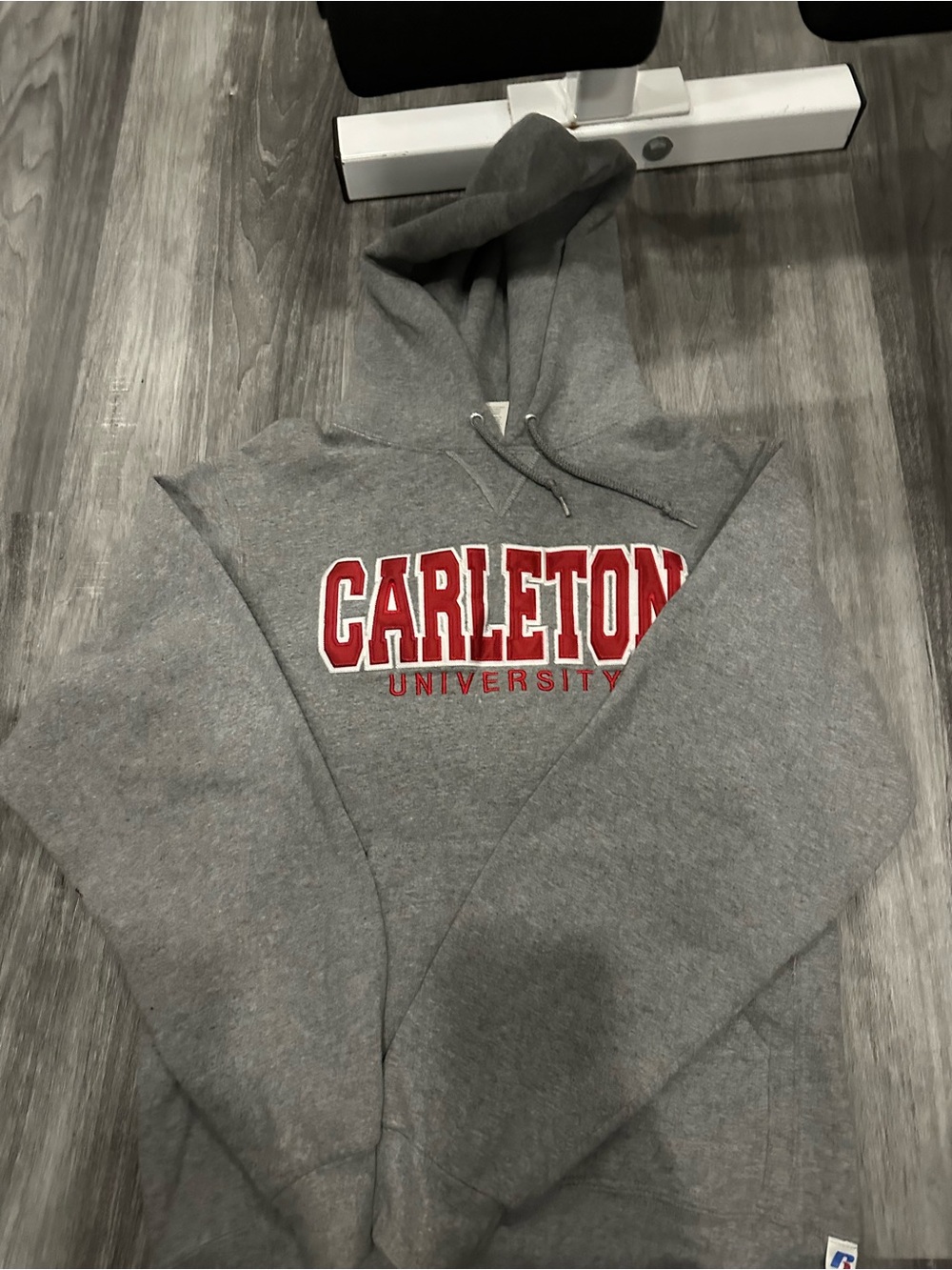 Russell Athletic Gray Hoodie with Red Carleton University Lettering